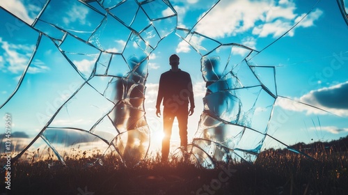 Person standing before a shattered mirror and sees multiple versions of themselves reflected, symbolizing identity, change, and inner conflict in a dramatic visual