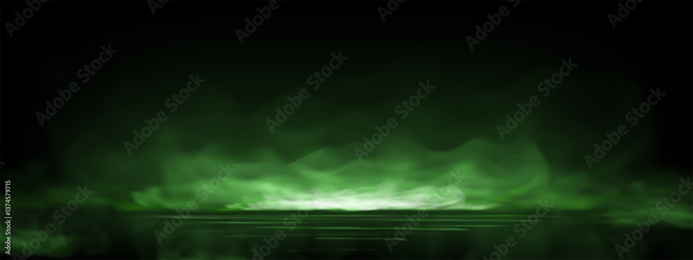 Fototapeta premium Realistic green toxic smoke cloud with overlay effect on transparent background. Mystical haze of steam or condensation. Vector atmospheric of smoky mist or hazardous vapor spreading on floor.