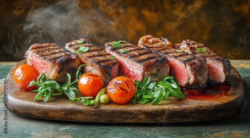 Mouthwatering Grilled Steaks With Herbs and Tomatoes on a Wooden Board