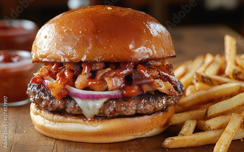 Juicy Burger With Bacon and Barbecue Sauce Served With Crispy Fries on Wooden...