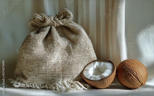 Rustic Burlap Bag With Coconuts Displayed Indoors During Natural Daylight