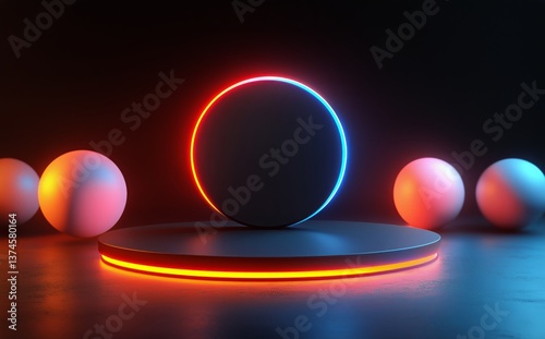 Vibrant Neon Circular Light Installation With Colorful Fog in an Artistic Space