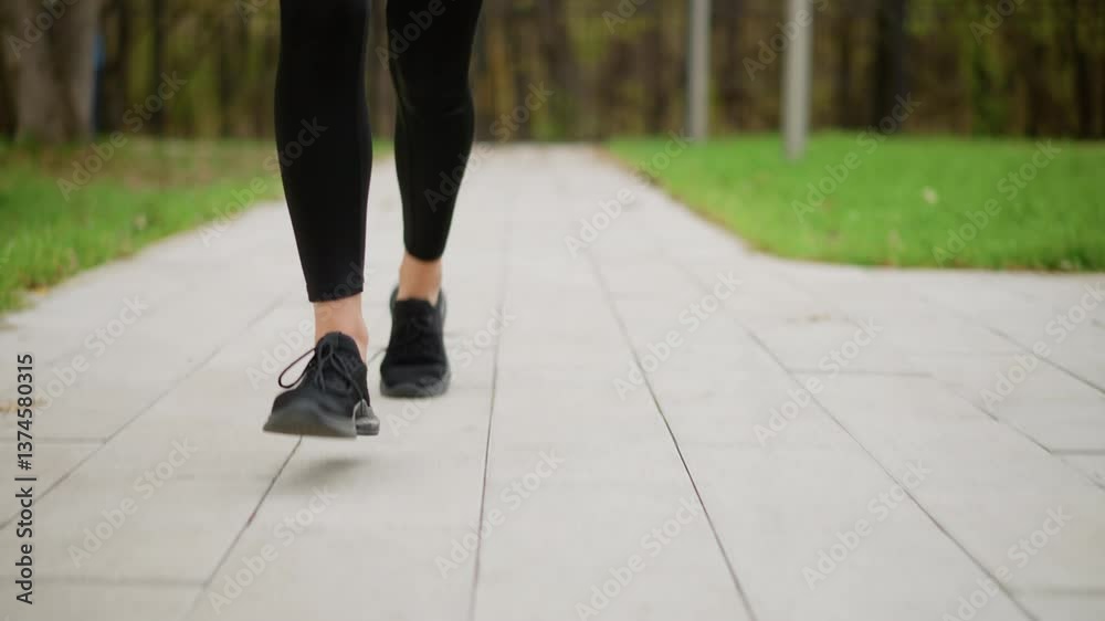 Close-up leg view of runner wearing black sneakers running on a paved track through park, blurred background of green grass, highlighting athletic movement and jogging activity