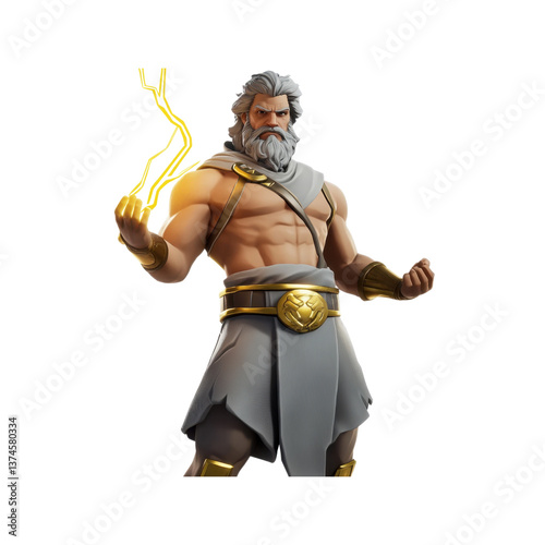 Zeus holds a bright lightning bolt, showcasing his robust physique and imposing presence while radiating strength and authority in a dramatic pose.