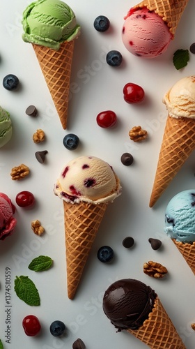 Colorful Ice Cream Scoops Arranged Artistically With Fresh Fruits and Nuts on...