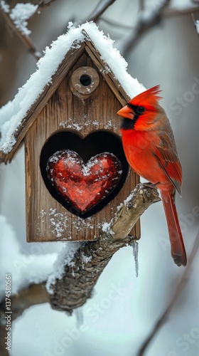 Bright Red Cardinal Perched Near Heart-Shaped Birdhouse in Snowy Winter Lands...