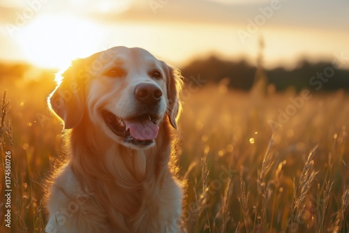 Happy Dog Enjoying Sunset in a Golden Field With Tall Grass and Warm Light