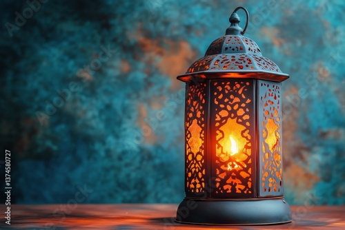 Bright Lantern Glows in an Ornate Courtyard During Evening Hours