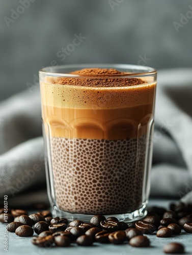 Delicious Layered Coffee Drink With Creamy Texture and Coffee Beans on the Si...