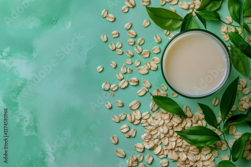 Oat Milk Preparation With Oats and Barley on a Teal Backdrop