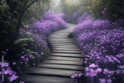 Wooden Pathway Winding Through Vibrant Purple Flowers in a Serene Garden Setting