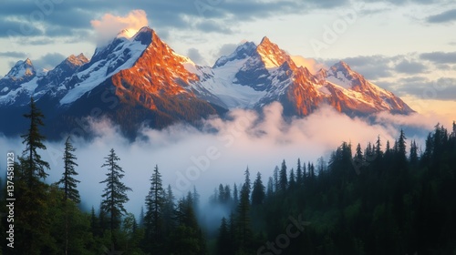 Majestic Mountains Under a Colorful Sky With Mist Covering the Valley at Sunset