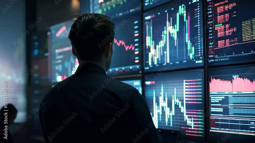 A man analyzes financial data on multiple screens in a dimly lit room. The video captures a rear angle, emphasizing a tech-driven environment.