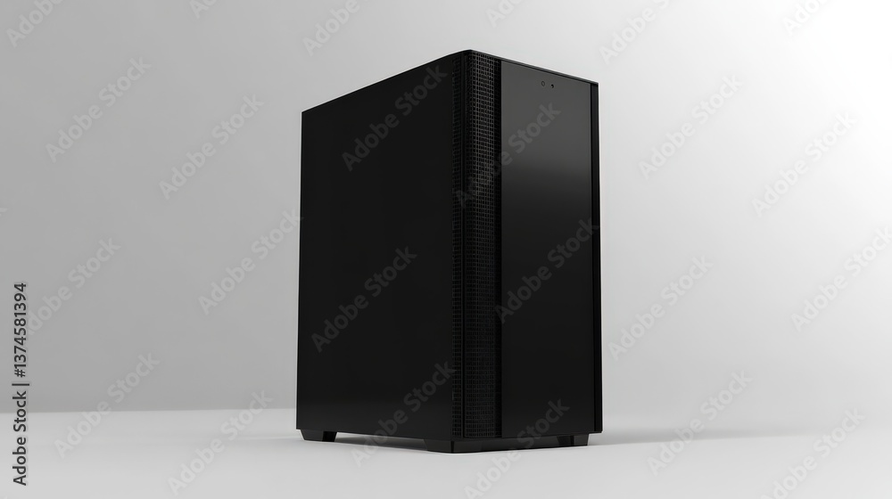 Modern black computer tower case with sleek design, ideal for gaming, workstation use, or personal computing needs in a stylish and minimalist setup. Modern black computer tower case with sleek design, ideal for gaming, workstation use, or personal computing needs in a stylish and minimalist setup.