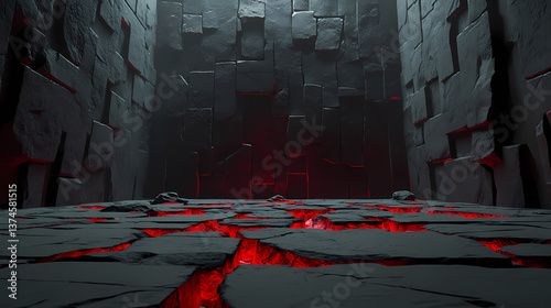 Low-poly 3d game environment featuring rough-hewn grey stone walls adorned with cryptic red magical runes. the shattered stone floor hints at danger ahead. Shattered Glyphs. Illustration