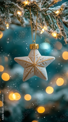 Beautifully Lit Star Ornament Hanging on a Snowy Tree Branch in a Winter Wond...