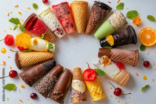 Colorful Assortment of Ice Cream Cones Arranged on a White Background With Fr...