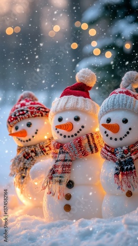 Snowmen in Winter Hats Enjoying a Snowy Afternoon With Falling Flakes in a Se...