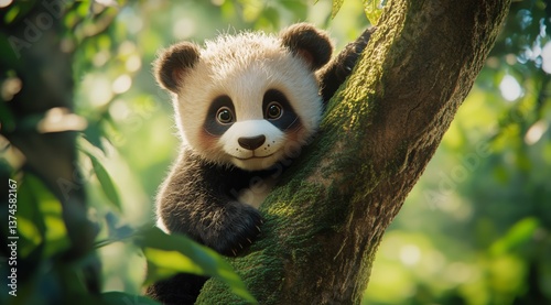 Cute Panda Cub Climbing a Tree in a Natural Habitat During Daytime
