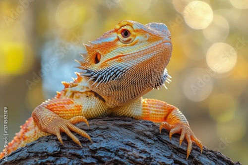 Colorful Bearded Dragon Resting on Tree Branch in Warm Sunlight During Aftern...