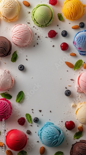 Colorful Ice Cream Scoops Arranged Artistically With Fresh Fruits and Nuts on...