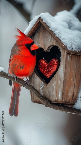 Bright Red Cardinal Perched Near Heart-Shaped Birdhouse in Snowy Winter Lands...