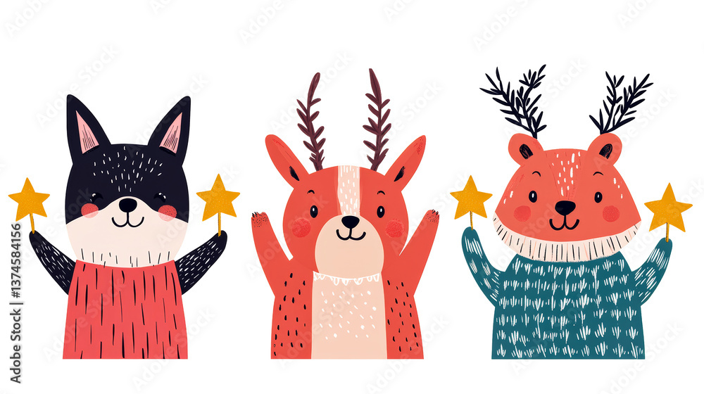 Naklejka premium Cute Animals Holding Stars in Winter Clothing, cut out transparent