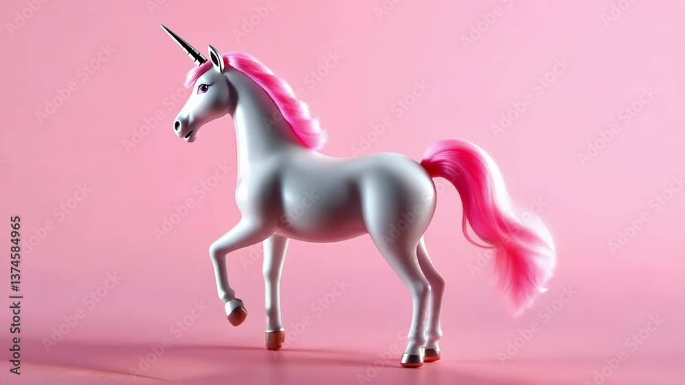 Animated white unicorn toy with pink hair walks on a minimalist background