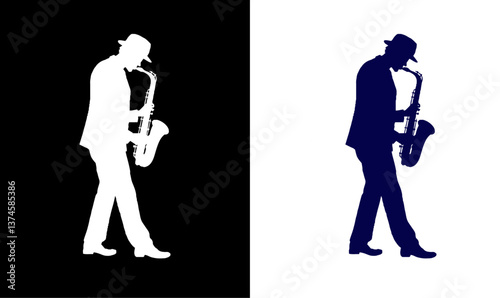 Εκτύπωση καμβά man with saxophone hone silhouette musician illustration vector, singing, song,