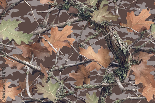 Realistic forest camouflage. Seamless pattern. Conifer tree, branches and leaves. Useable for hunting and military purposes. Vector camouflage background. 
