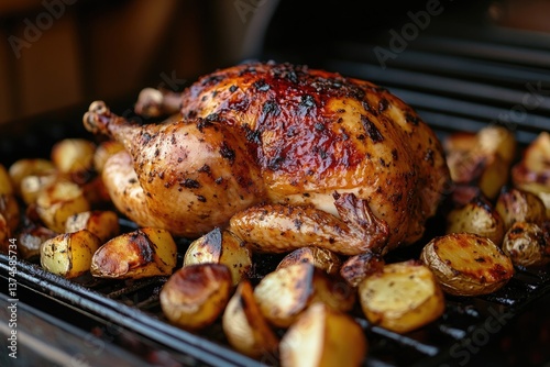 Delicious roasted chicken and potatoes grilling on barbecue photo