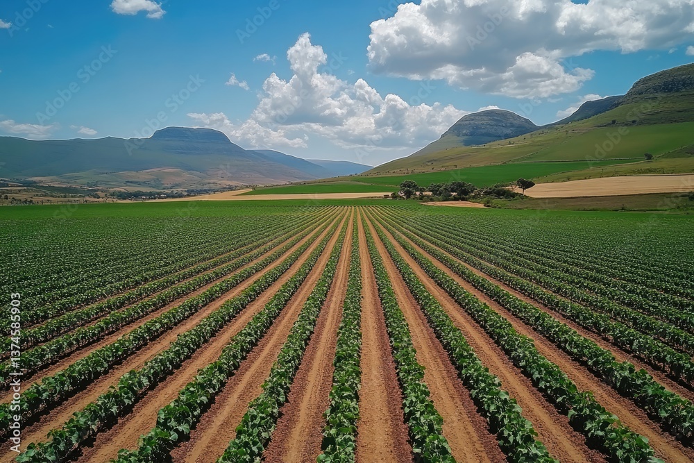 Rows of crops growing in agricultural field with mountains and cloudy sky Rows of crops growing in agricultural field with mountains and cloudy sky