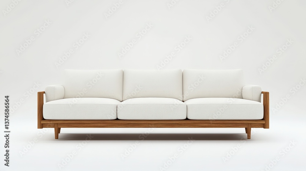Obraz premium Modern White Sofa with Wooden Frame on Minimalist Background, Perfect for Contemporary Living Room Decor and Interior Design Inspiration