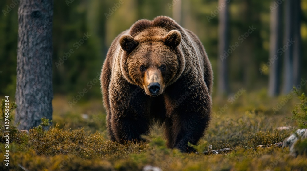 Fototapeta premium Large brown bear walking in forest looking ahead