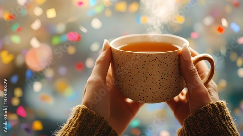 A joyful tea-drinking moment, hands holding a warm cup of tea with confetti in the background, celebrating National Tea Day
