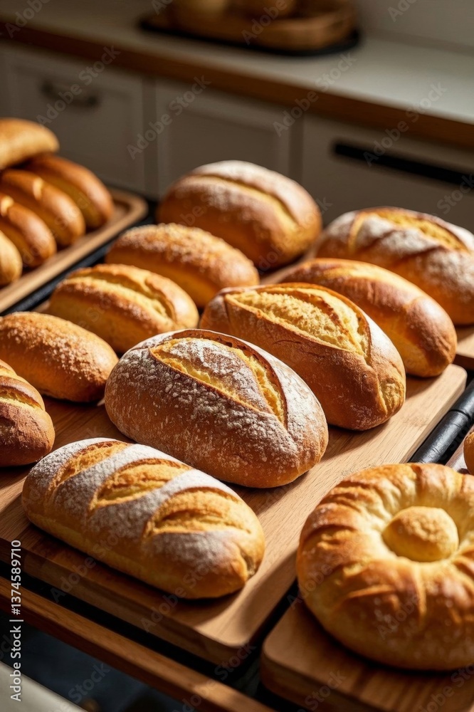 several breads are lined up on trays on a counter several breads are lined up on trays on a counter