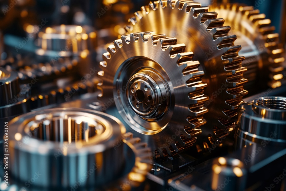 Close up of interlocking gears rotating smoothly in complex machinery