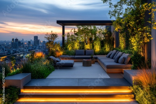 Modern rooftop garden offering stunning cityscape view at sunset