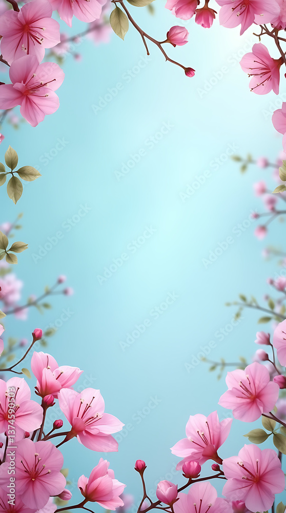 Fototapeta premium Vibrant Pink Bougainvillea Blossoms on Aqua Blue Background – Romantic Floral Frame for Tropical Spring, Nature, and Garden-Inspired Designs