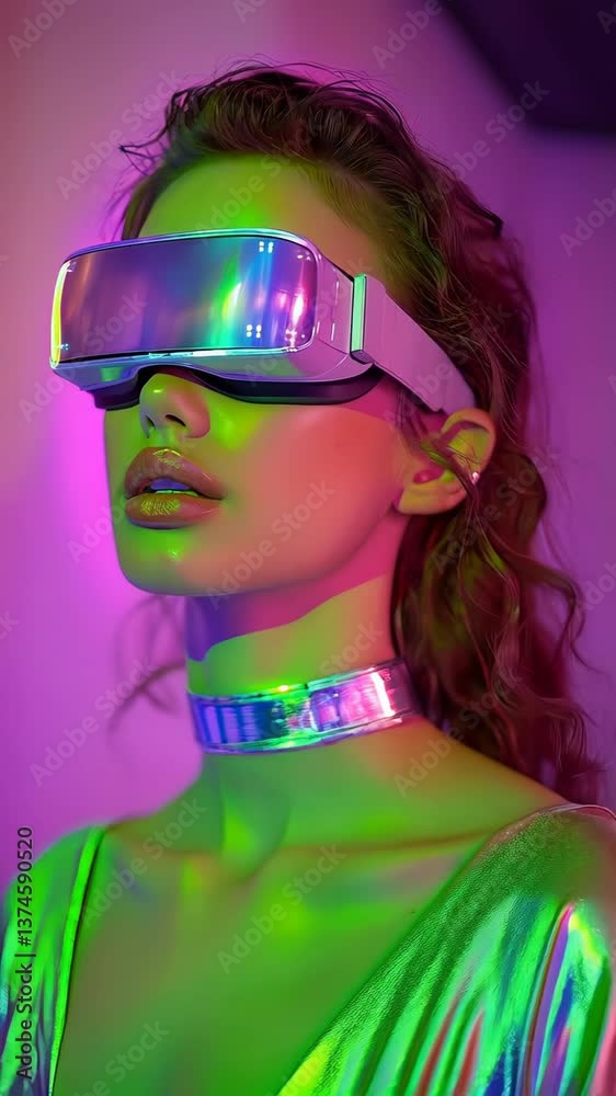 Futuristic neon fashion: woman in virtual reality glasses with chromatic Futuristic neon fashion: woman in virtual reality glasses with chromatic