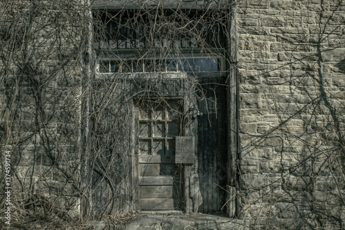 Very old abandoned stone building  overgrown with plants, nobody