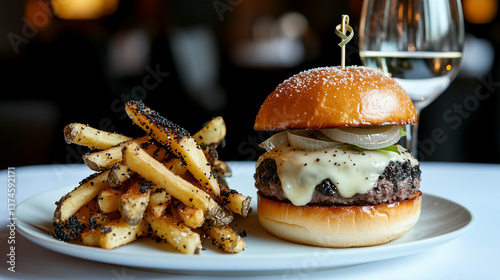Gourmet burger topped with melted cheese, accompanied by black truffle-seasoned fries and crisp white wine on elegant white serving plate