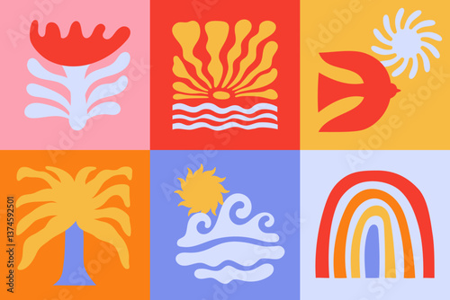 Vector shapes  in simple floral wavy and groovy naive style, ocean and vacation theme,  flowers and plants, floral botanic hand drawn design templates, modern art prints, surface design