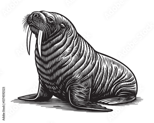 walrus woodcut engraving vector illustration