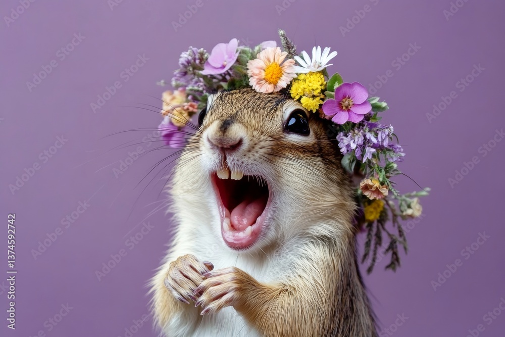 Fototapeta premium Cute adult animal chipmunk wearing primal flower crown on its head - symbol of sunny vacation time. Isolated purple background, copy space, marketing creative. Animal with floral decorations.
