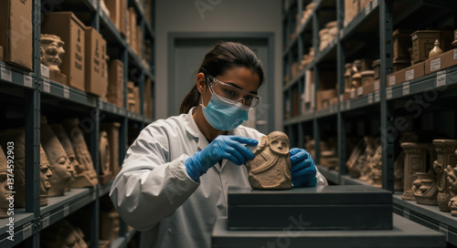 Woman in lab coat examining ancient artifact with blue gloves. Museum specialist handling clay sculpture in storage facility. Cultural heritage concept for artifact preservation, museum conservation