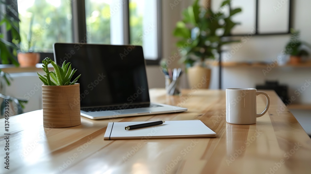 Fototapeta premium Minimalist Workspace: A sleek laptop, notepad, pen, a small succulent, and a warm cup of coffee rest upon a wooden desk, bathed in natural light from the window.