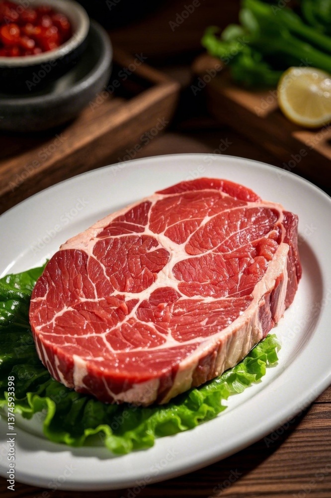 a close up of a piece of meat on a plate with lettuce a close up of a piece of meat on a plate with lettuce