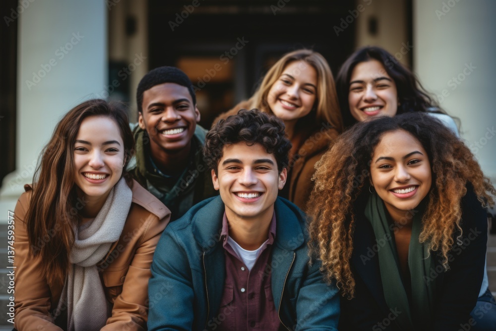 Fototapeta premium Portrait of a smiling diverse group of students Infront of university in USA