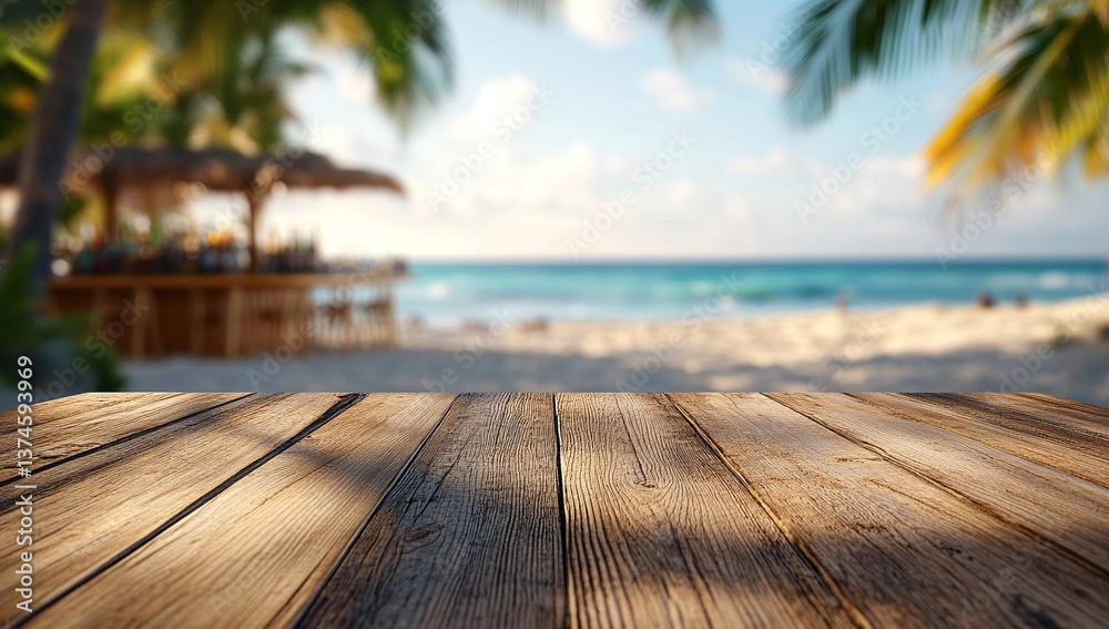 Fototapeta premium Relaxing beach scene with a wooden surface in the foreground, perfect for product placement or showcasing summer vibes.